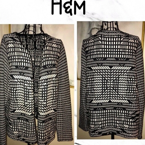 H&M BLACK AND WHITE WOVEN OPEN FRONT CARDIGAN~100% COTTON KNIT~MEDIUM - Picture 4 of 4
